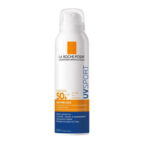 Sonnenspray von La Roche-Posay mit Lichtschutzfaktor 50+, geeignet für Sport, transparenter und erfrischender Schutz.