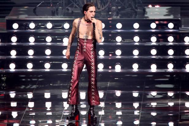 ROTTERDAM, NETHERLANDS   MAY 21, 2021: Vocalist Damiano David of the Maneskin rock band representing Italy performs duri