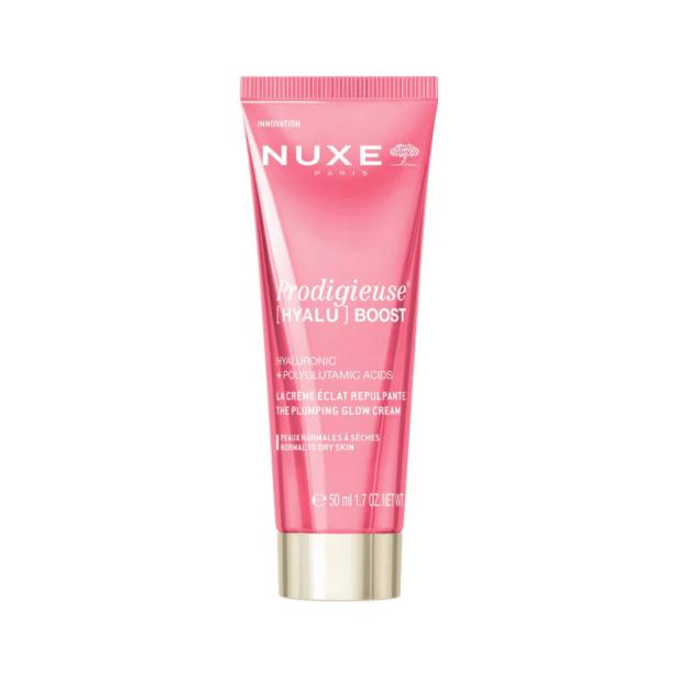 Rosa Tube mit goldener Kappe, darauf steht „NUXE Prodigieuse [HYALU] Boost The Plumping Glow Cream“.