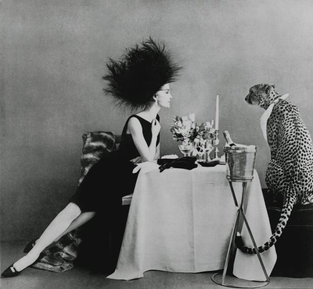 Eine elegant gekleidete Frau mit extravagantem Hut sitzt an einem gedeckten Tisch einem Geparden gegenüber.