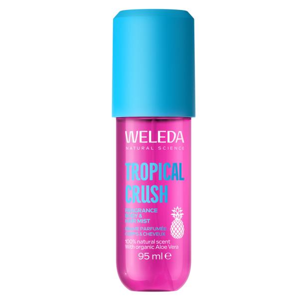 Pinkfarbene Sprühflasche mit blauem Deckel und türkisfarbener Aufschrift „Tropical Crush“ sowie einer Ananas-Grafik.