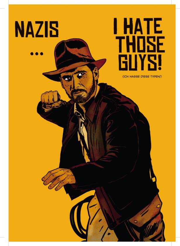 Ein Mann mit Hut und Lederjacke hebt die Faust, daneben steht der Text „Nazis ... I hate those guys!“.
