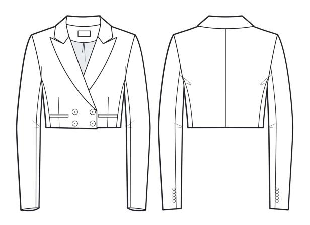 Women's Crop Jacket technical fashion illustration, button-up,   double breasted. Flat apparel jacket template front and back, white color. Women's CAD mock-up.