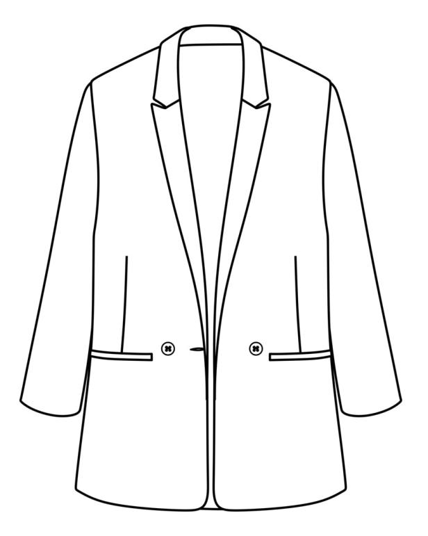 Vector long sleeved jacket fashion CAD, winter woman knitted cardigan technical drawing, woman tweed blazer template, flat, sketch. Jersey or woven fabric jacket with front, back view, white color