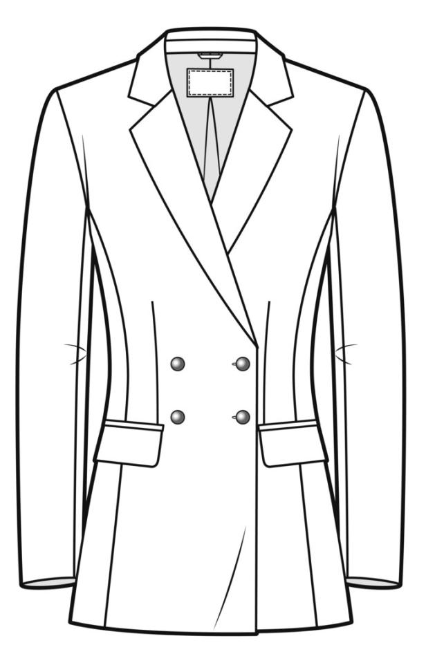 Double-Breasted Striped Blazer Technical Fashion Illustration. Classic Jacket fashion flat technical drawing template, tailored fit; front and back view, white, grey, women, men, unisex CAD mockup set.