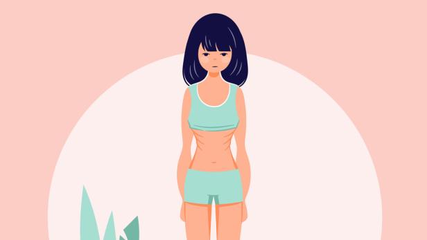 Eating disorder concept. Girl on weight. Anorexia problem flat person illustration