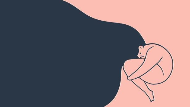 Vektorillustration: Frau mit Übergewicht umarmt ihre Knie