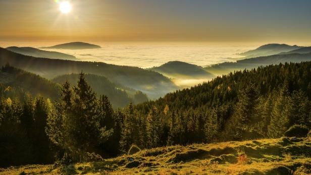 Die Sonne scheint über eine Hügellandschaft, die von Nebel bedeckt ist.
