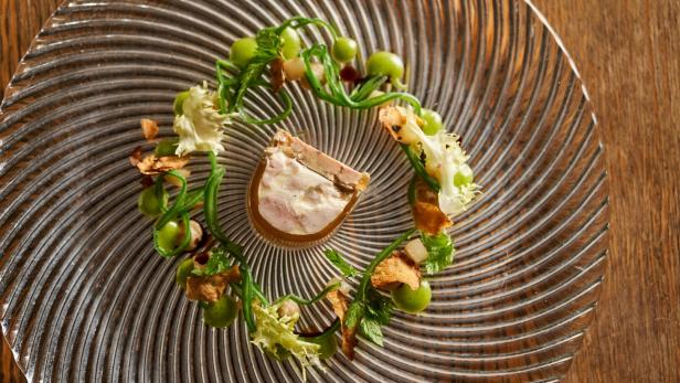 Ein kunstvoll angerichtetes Gourmetgericht mit Terrine, grüner Creme, Kräutern und Salat auf einem gläsernen Teller.