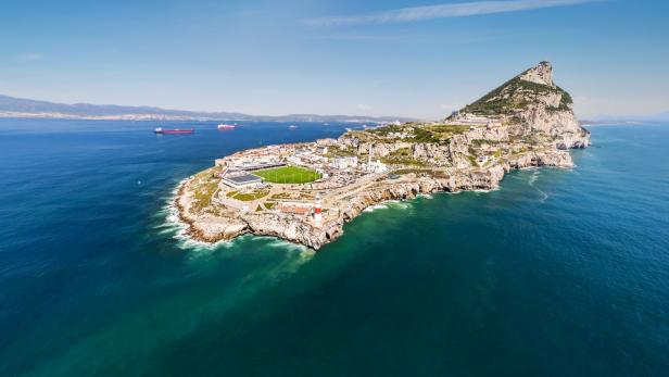 Spectacular,View,Of,Gibraltar,Peninsula,With,Soccer,Field,Surrounded,By
