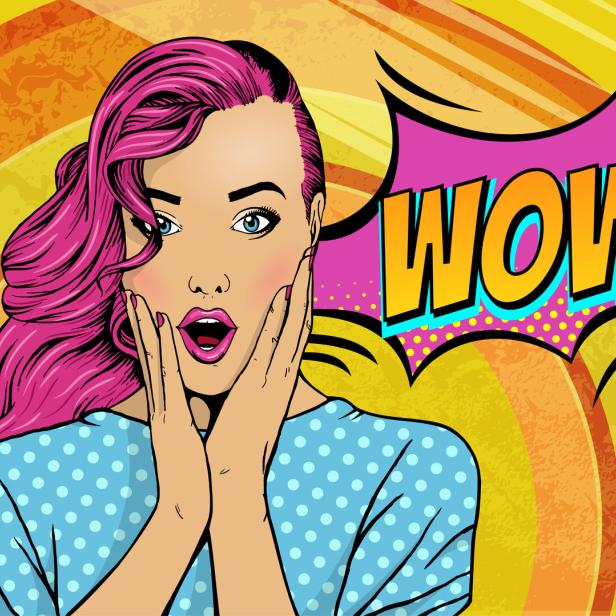 Wow pop art face. Sexy surprised woman with pink hair and open mouth with inscription wow in reflection. Vector colorful background in pop art retro comic style.