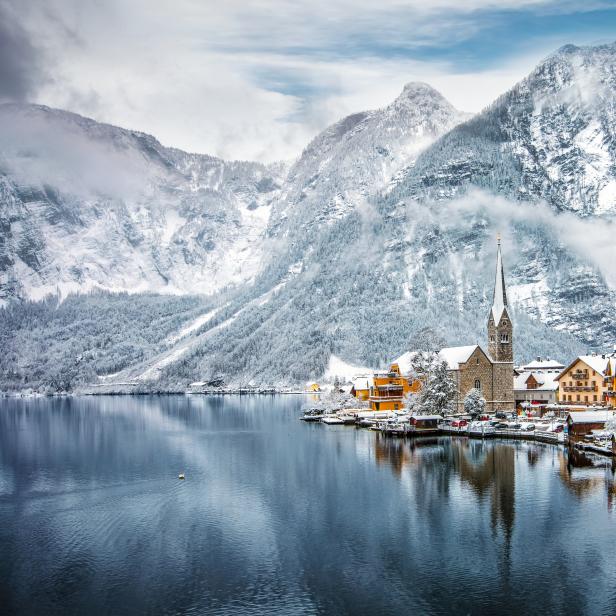 The snow covered village of Hallstatt in the Austrian Alps