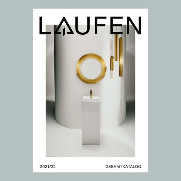 Das Cover des „Laufen“-Gesamtkatalogs 2021/22 mit einem Waschbecken, einem Spiegel und goldenen Akzenten.