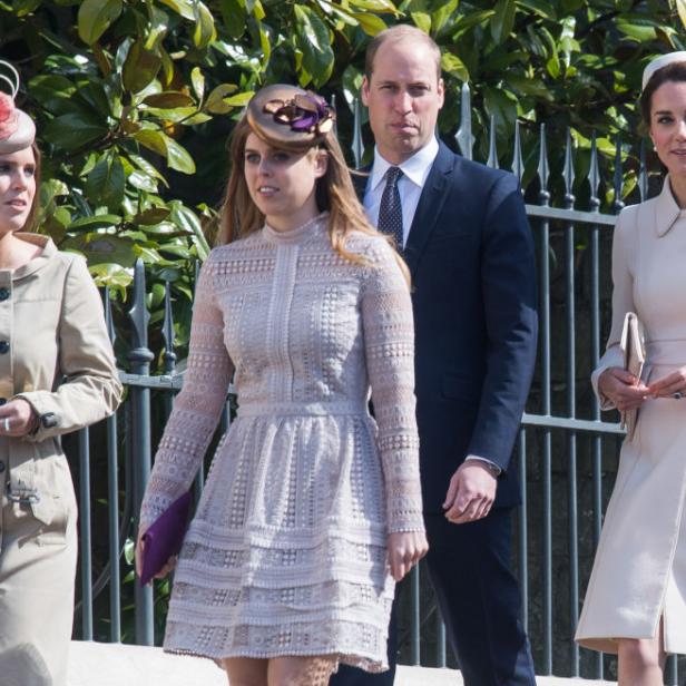 Prinzessin Eugenie, Prinzessin Beatrice, Prinz William und Herzogin Kate (von links nach rechts)