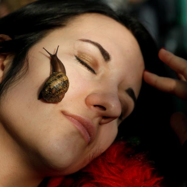 A woman poses for a picture with a snail crawling on her face at a snail farm in Stavropol region