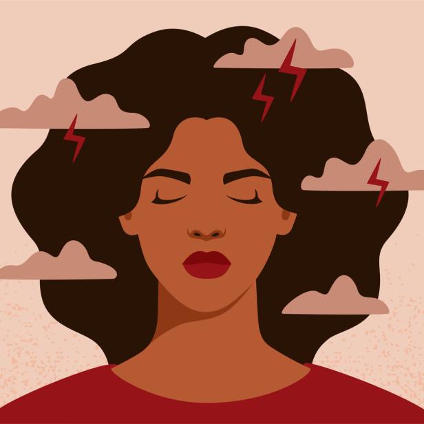 African American woman feels anxiety and emotional stress. Depressed black girl experiences mental health issues.