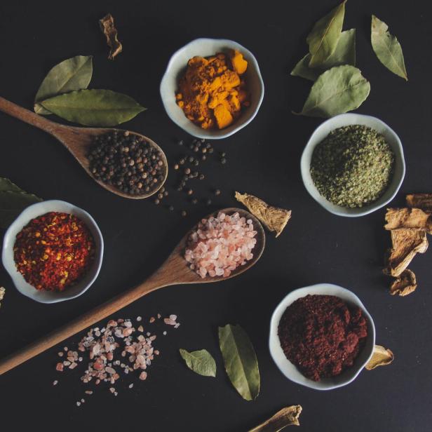 Spices - food background - flat lay - Stock-Fotografie