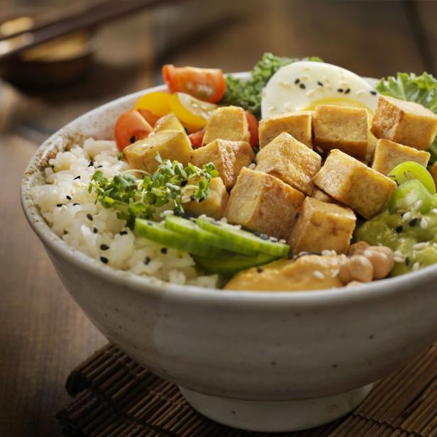 Tofu, Gemüse, Reis, 