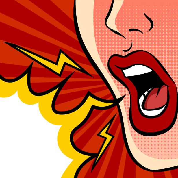Angry shouting female mouth and empty speech bubble. Pop art vector illustration.