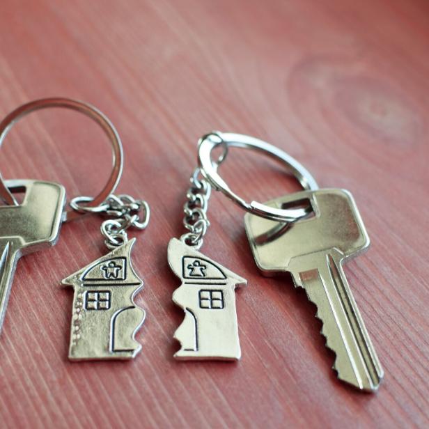 Two keys with splitted key rings with pendant in shape of house Two keys with splitted key rings with pendant in shape of house