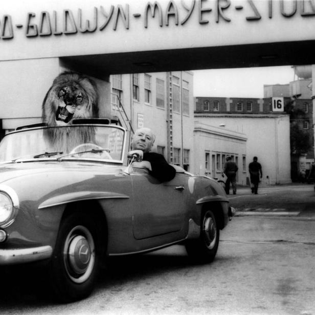 Alfred Hitchcock fuhr mit einem Mercedes-Cabrio aus dem MGM-Studi. Am Rücksitz saß Leo, der Löwe