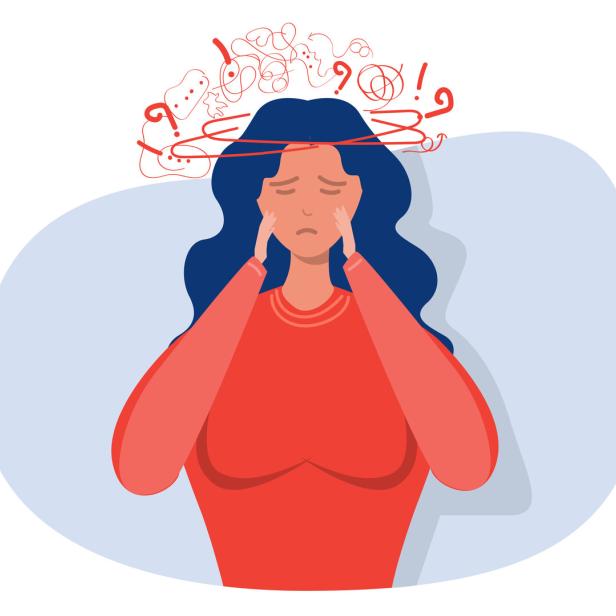 Eine Illustration einer Frau mit Kopfweh.