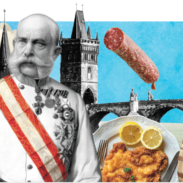 Bildmontage aus Kaiser Franz Joseph, Schnitzel, Prager Karlsbrücke