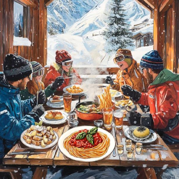 So wie sich die KI eine Skihütte vorstellt: Schnee, ein Tisch, auf dem Kaiserschmarrn, Pasta asciutta und Germknödel steht und Wintersportler, die sich freuen