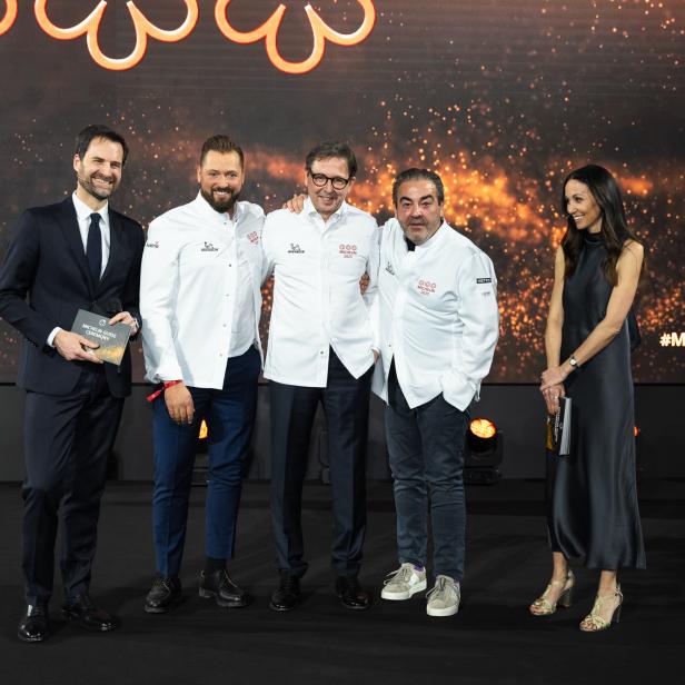 Die Drei-Sterner des Guide Michelin v.l.n.r. neben Guide Michelin-CEO Gwendal Poullennec: Michael Bauböck, Heinz Reitbauer (Steirereck), Juan Amador (Amador)