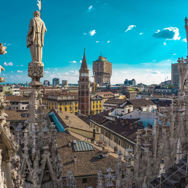 Panoramic view of the skyline of the city seen from the terraces of Milan Cathedral