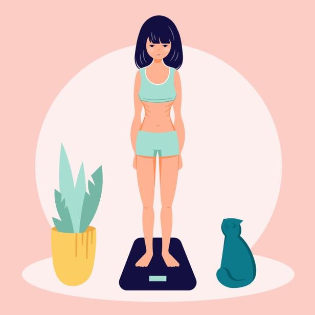 Eating disorder concept. Girl on weight. Anorexia problem flat person illustration