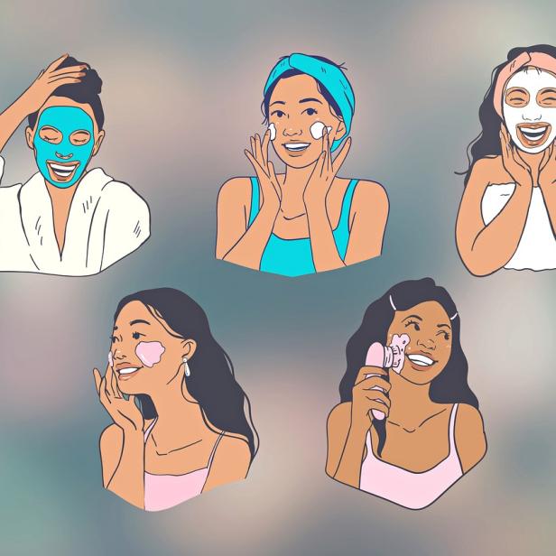 Auf dem Bild sind mehrere Illustrationen einer Frau abgebildet, die ihre Routine für die Gesichtspflege durchführt.