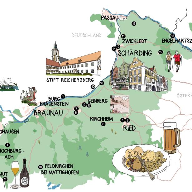 Eine illustrierte Karte der Region zwischen Burghausen und Engelhartszell mit Sehenswürdigkeiten und typischen Speisen.