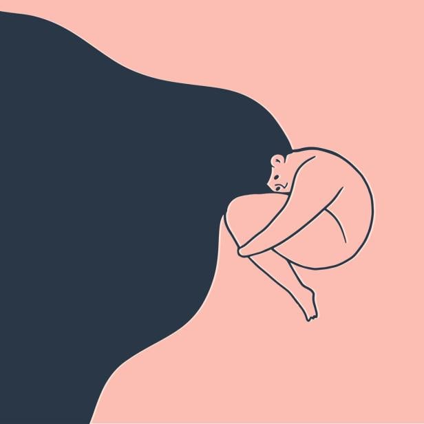 Depressed woman with flying hair is hugging her self. Young sad teenage girl with obesity hugging her knees and falling down into depression. Mental health problem concept. Vector iluustration Vektorillustration: Frau mit Übergewicht umarmt ihre Knie