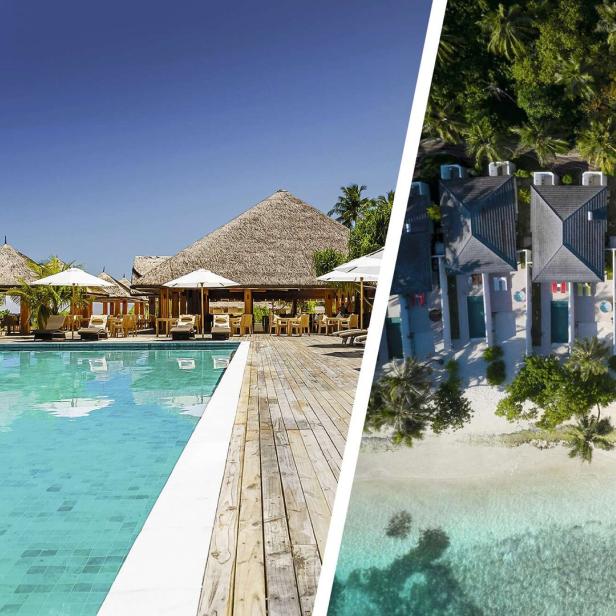 46-218632929 Zwei Resorts gegenübergestellt: Links: Hütten und Liegestühle am Pool, rechts: Pavillons mit Pool am Strand.