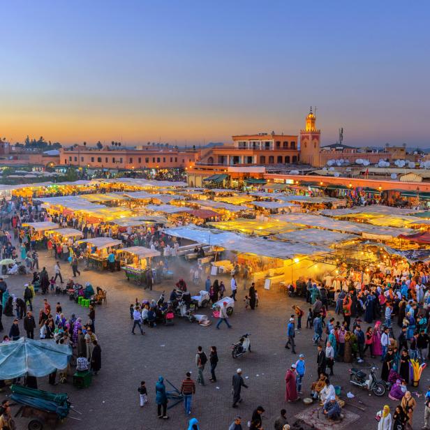 Evening Djemaa El Fna Square with Koutoubia Mosque, Marrakech, Morocco