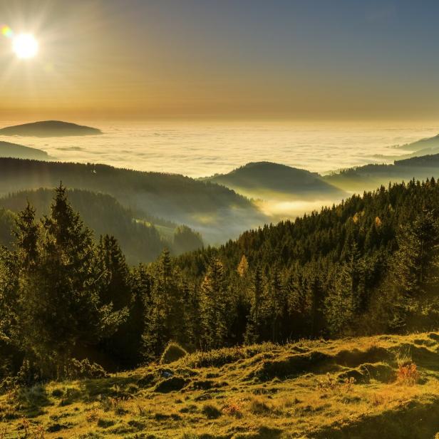 Die Sonne scheint über eine Hügellandschaft, die von Nebel bedeckt ist.