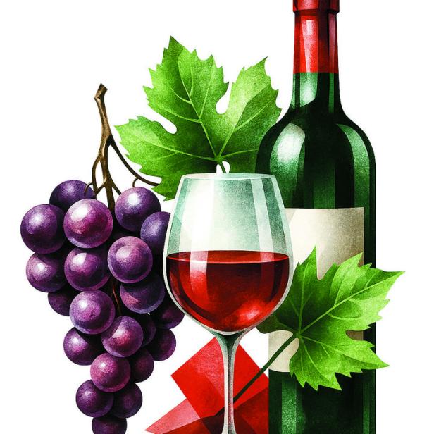 Eine Flasche Rotwein, ein Glas Wein und eine Traube mit Blättern.