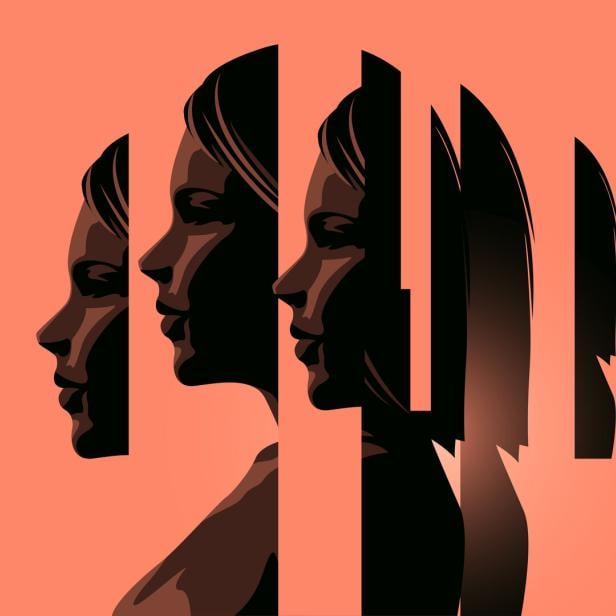 Mehrere übereinandergelegte Silhouetten eines Frauenprofils sind in vertikale Streifen unterteilt.