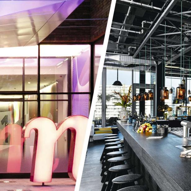 Gegenüberstellung: Links der Eingang zum Nhow mit einem großen N-Aufsteller neben der Türm. Rechts: die Bar des 25hours mit Pflanzen, die von der Decke herunterhängen