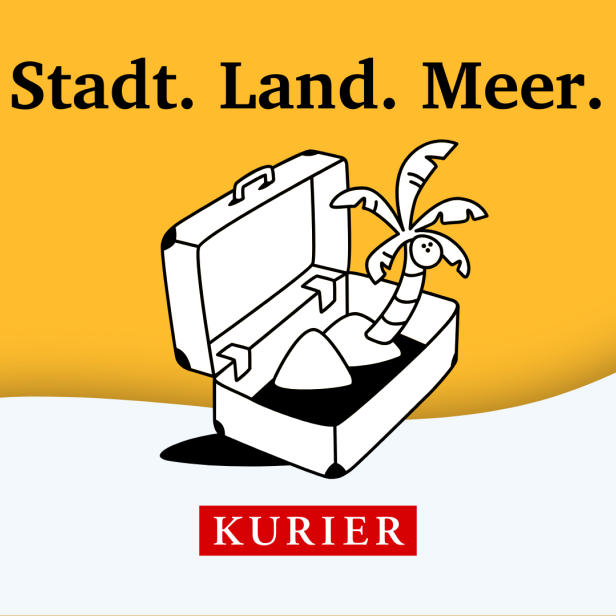 Aus einem stilisierten Koffer wächst eine tropische Szene mit Palmen; darüber steht „Stadt. Land. Meer.“.