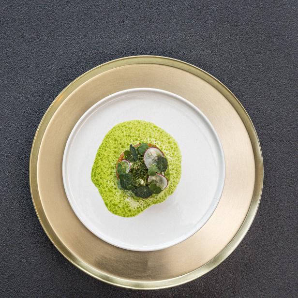 Kleines rundes Lachstatar in grüner Guacamole 