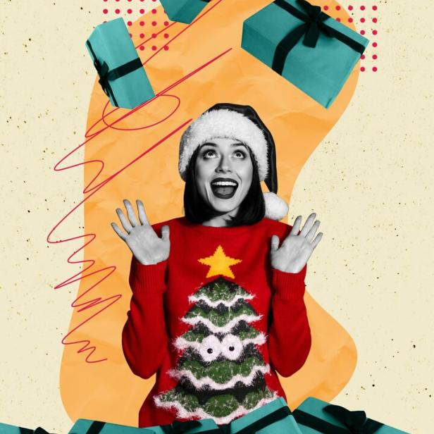 Vertical photo collage of excited girl wear new year tree sweatshirt hat present box surprise miracle xmas isolated on painted background