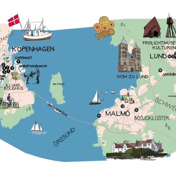 Eine Landkarte von Kopenhagen und Schweden mit eingezeichnet Hotspots