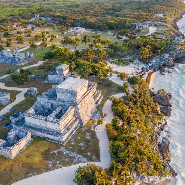 Drone view of El Castillo, Tulum ruins archeological zone, Mexico