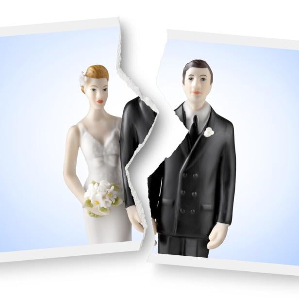 Divorce. Torn photograph of wedding cake topper.