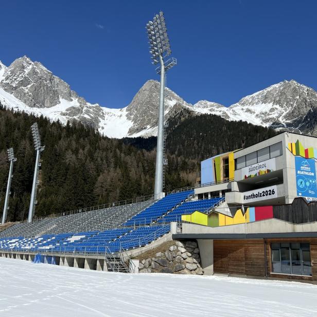 Biathlon-Arena in Antholz, Italien.