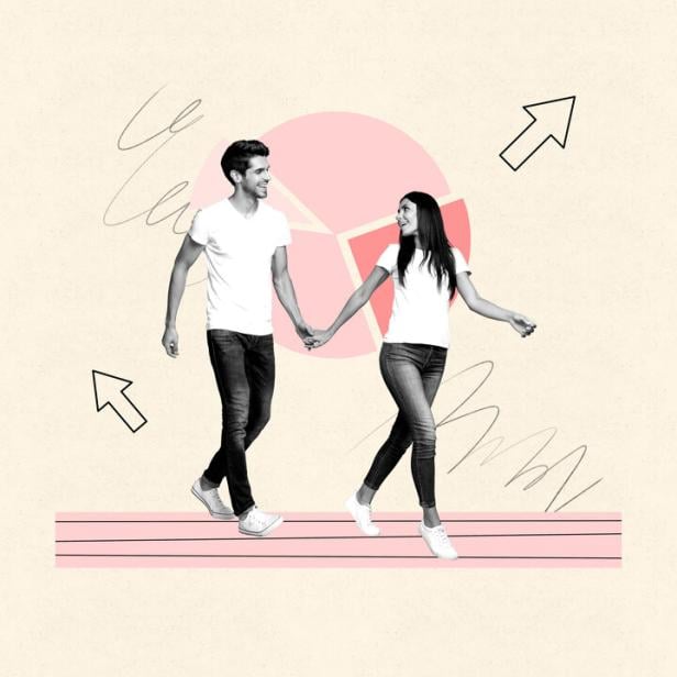 Exclusive artwork banner creative collage of happy businesswoman businessman stand diagram icon development progress gears