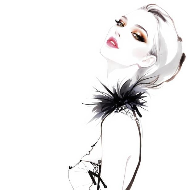 Modeillustration einer Frau mit glamourösem Make-up und schwarzem Federschmuck am Hals.