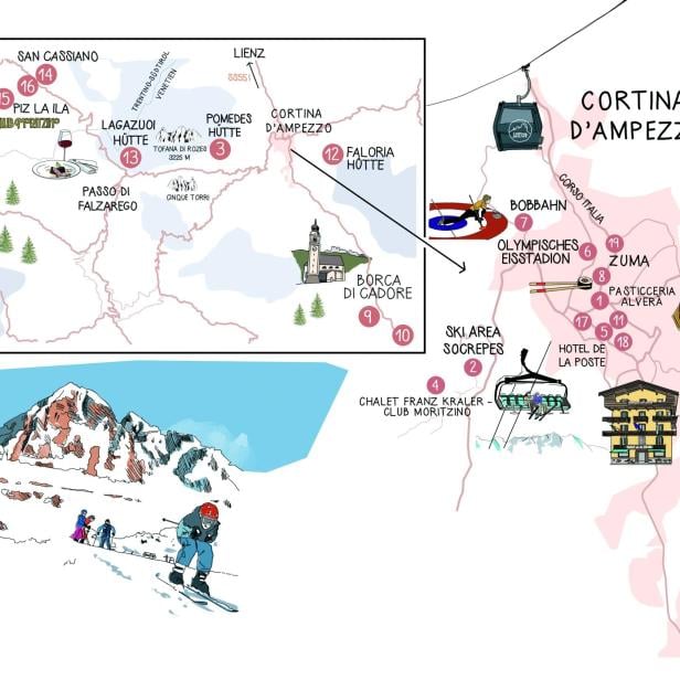Eine Karte mit Ausflugszielen in Cortina d'Ampezzo